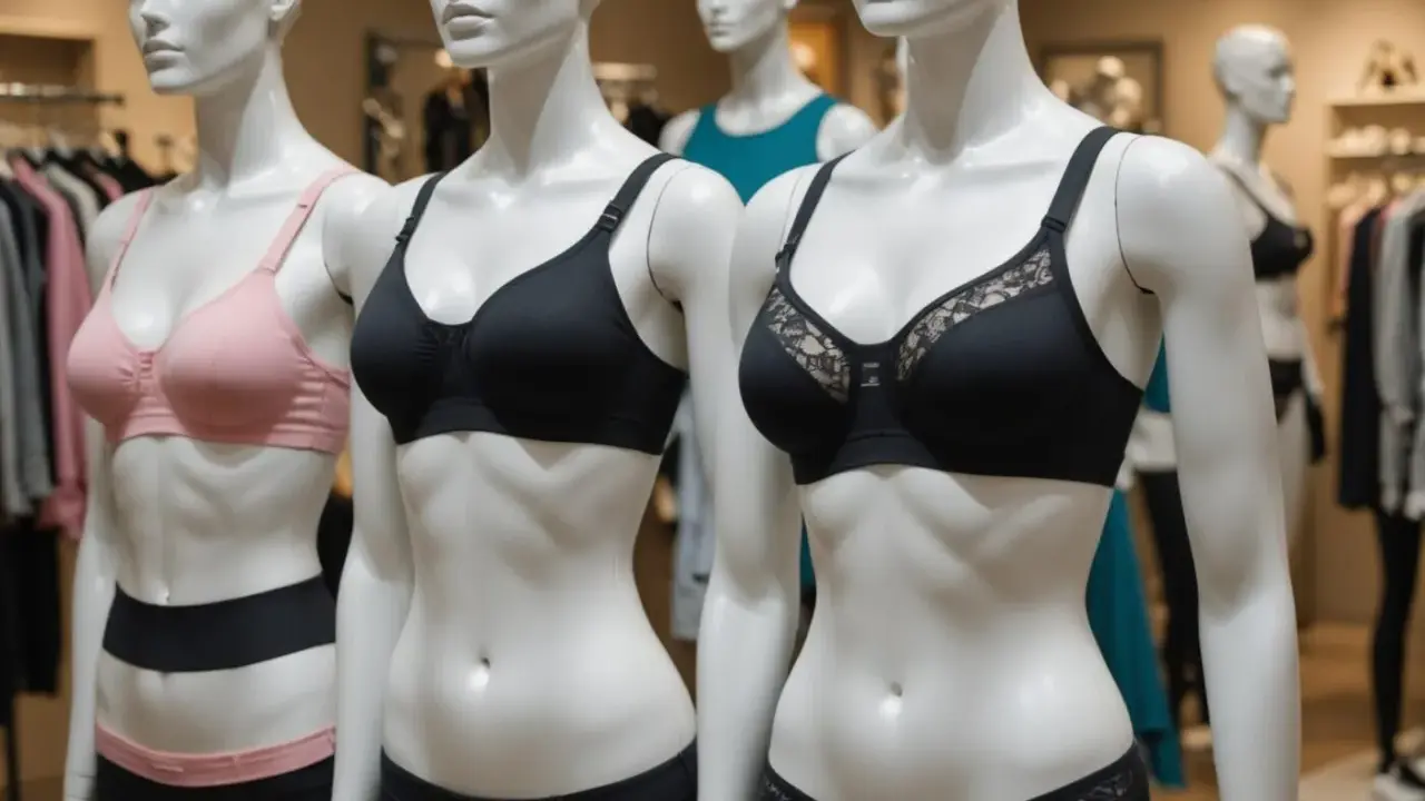 Manekiny prezentują biustonosze. Różowy i czarny, jeden z koronką. To jest bardotka co to za model?