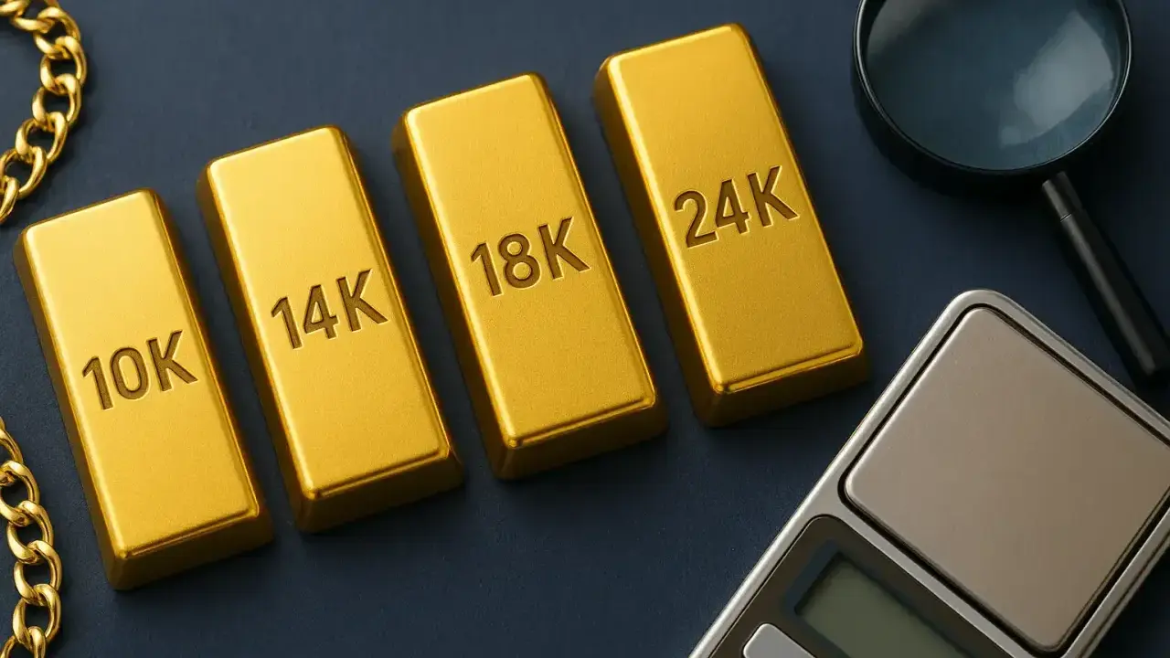 Sztabki złota 10K, 14K, 18K, 24K obok wagi i lupy. Zastanawiasz się, ile waży złoty łańcuszek?
