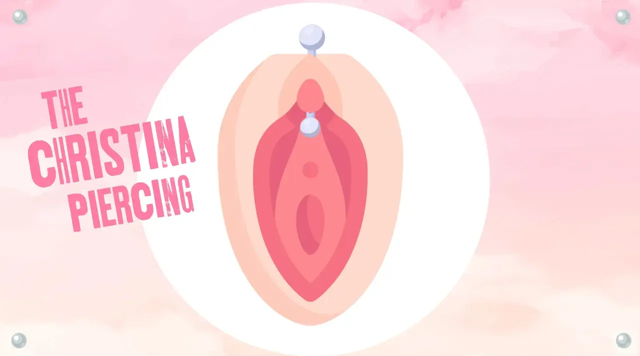 Ilustracja przedstawia Christina piercing, ozdobę w kształcie litery V z dwoma koralikami.
