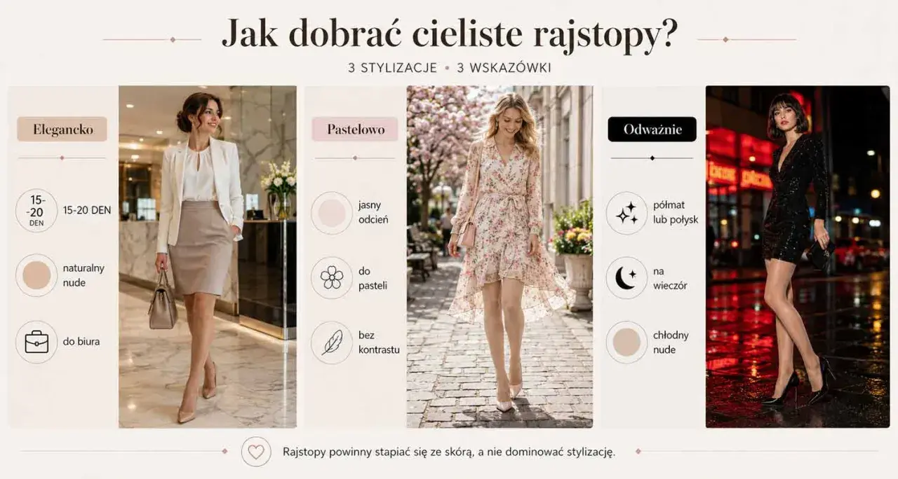 Elegancka stylizacja z rajstopami 15-20 DEN w odcieniu naturalny nude. Idealne do biura i na co dzień.