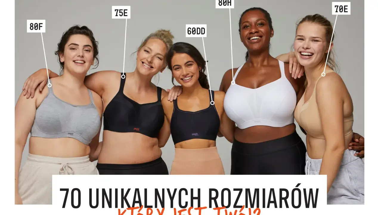 Pięć kobiet w różnych rozmiarach biustonoszy: 80F, 75E, 60DD, 80H, 70E. "70 unikalnych rozmiarów, który jest twój?