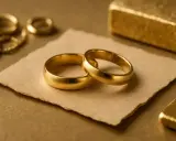 Dwa złote obrączki na papierze. Zastanawiasz się, ile kosztuje zrobienie obrączek z własnego złota? Obok sztabka złota.