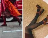 Dwie stylizacje: czerwone rajtuzy i bordowe buty na ulicy, oraz czarne rajstopy w romby z brązowymi sandałami na platformie.