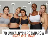 Pięć kobiet w różnych rozmiarach biustonoszy: 80F, 75E, 60DD, 80H, 70E. "70 unikalnych rozmiarów, który jest twój?