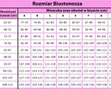 Tabela rozmiarów biustonoszy: rozmiar katalogowy, obwód pod biustem (cm) i obwód w biuście (cm) dla miseczek A-I. Rozmiar 65e to 85-87 cm w biuście.