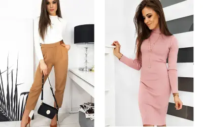Figura klepsydra jak się ubierać: eleganckie spodnie i biały golf lub dopasowana różowa sukienka.