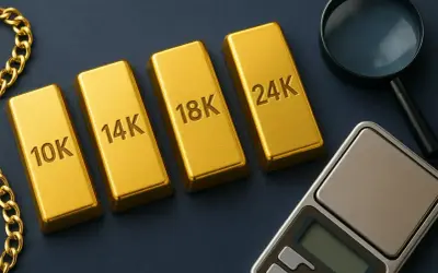 Sztabki złota 10K, 14K, 18K, 24K obok wagi i lupy. Zastanawiasz się, ile waży złoty łańcuszek?