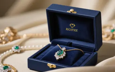 Elegancki ekspozytor z granatowym aksamitem prezentuje naszyjnik z zielonym kamieniem i diamentami.