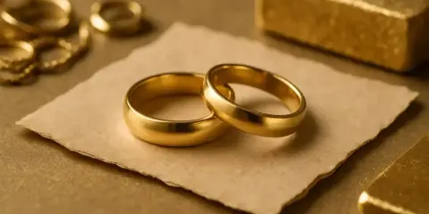 Dwa złote obrączki na papierze. Zastanawiasz się, ile kosztuje zrobienie obrączek z własnego złota? Obok sztabka złota.