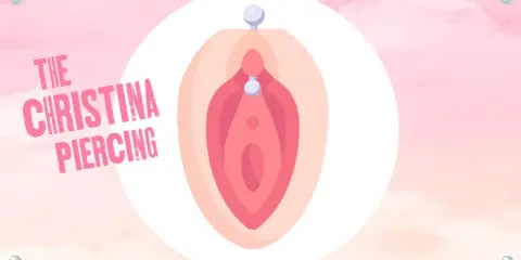 Ilustracja przedstawia Christina piercing, ozdobę w kształcie litery V z dwoma koralikami.