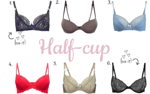 Kolekcja biustonoszy typu half-cup. Wśród nich znajdziesz modele w rozmiarze biust 70c, w różnych kolorach i wzorach, od koronkowych po gładkie.