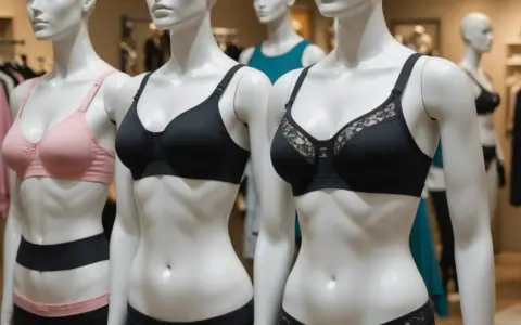 Manekiny prezentują biustonosze. Różowy i czarny, jeden z koronką. To jest bardotka co to za model?