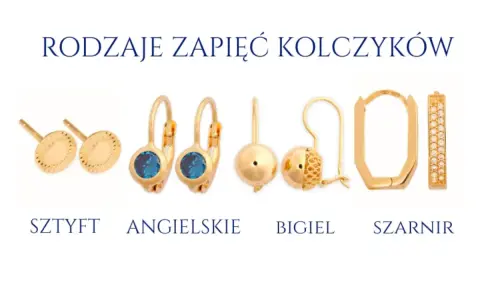 Różne rodzaje zapięć kolczyków: sztyft, angielskie, bigiel, szarnir. Złote kolczyki z kamieniami i cyrkoniami.