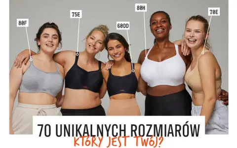 Pięć kobiet w różnych rozmiarach biustonoszy: 80F, 75E, 60DD, 80H, 70E. "70 unikalnych rozmiarów, który jest twój?