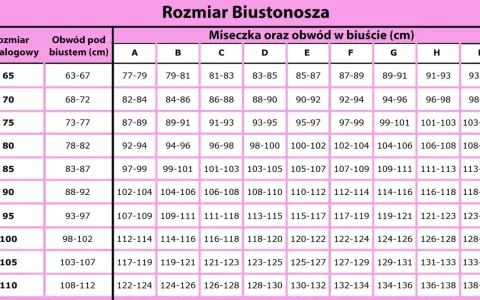 Tabela rozmiarów biustonoszy: rozmiar katalogowy, obwód pod biustem (cm) i obwód w biuście (cm) dla miseczek A-I. Rozmiar 65e to 85-87 cm w biuście.