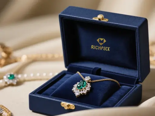 Elegancki ekspozytor z granatowym aksamitem prezentuje naszyjnik z zielonym kamieniem i diamentami.