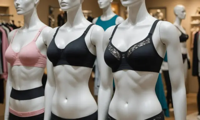 Manekiny prezentują biustonosze. Różowy i czarny, jeden z koronką. To jest bardotka co to za model?