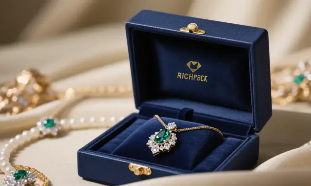 Elegancki ekspozytor z granatowym aksamitem prezentuje naszyjnik z zielonym kamieniem i diamentami.