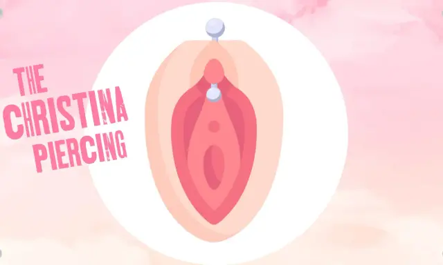 Ilustracja przedstawia Christina piercing, ozdobę w kształcie litery V z dwoma koralikami.
