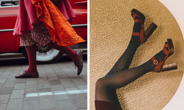 Dwie stylizacje: czerwone rajtuzy i bordowe buty na ulicy, oraz czarne rajstopy w romby z brązowymi sandałami na platformie.