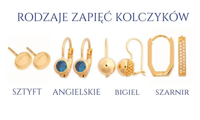 Różne rodzaje zapięć kolczyków: sztyft, angielskie, bigiel, szarnir. Złote kolczyki z kamieniami i cyrkoniami.