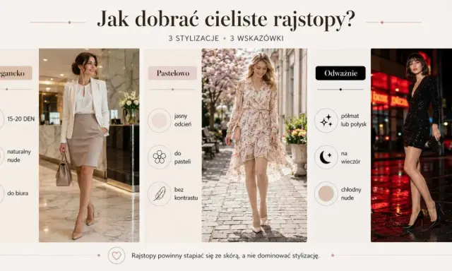 Elegancka stylizacja z rajstopami 15-20 DEN w odcieniu naturalny nude. Idealne do biura i na co dzień.
