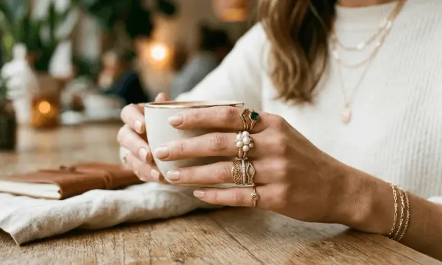 Kobieta z wieloma pierścionkami na palcach i złotymi naszyjnikami. Dowód na to, że można łączyć srebro ze złotem, tworząc stylowy look.