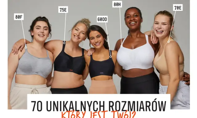Pięć kobiet w różnych rozmiarach biustonoszy: 80F, 75E, 60DD, 80H, 70E. "70 unikalnych rozmiarów, który jest twój?