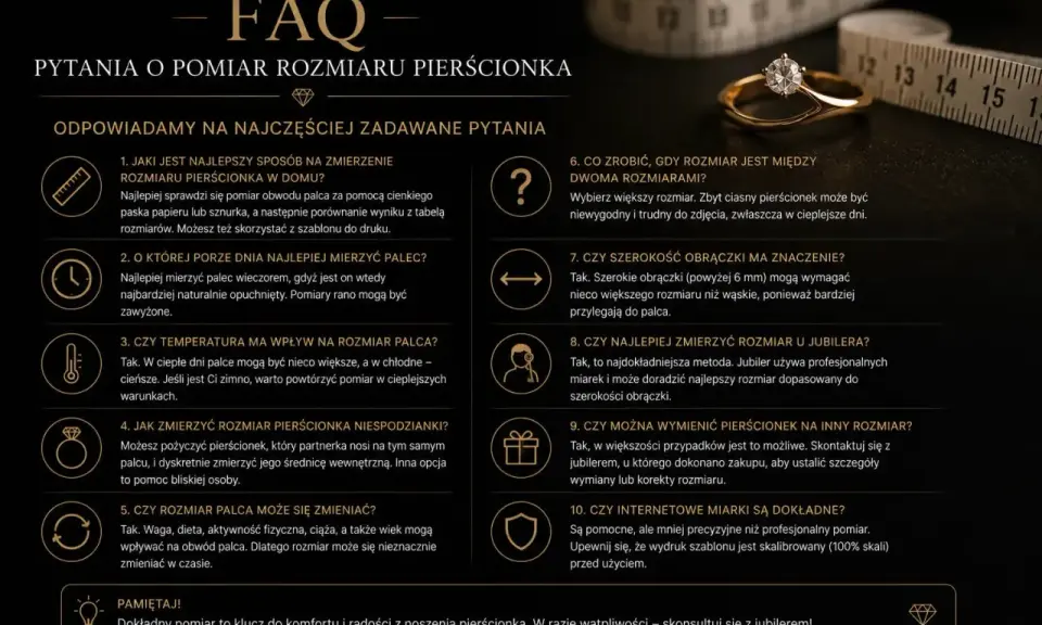 Złoty pierścionek z brylantem i miarką. FAQ o pomiarze rozmiaru pierścionka, najczęstszy rozmiar pierścionka to klucz do komfortu.