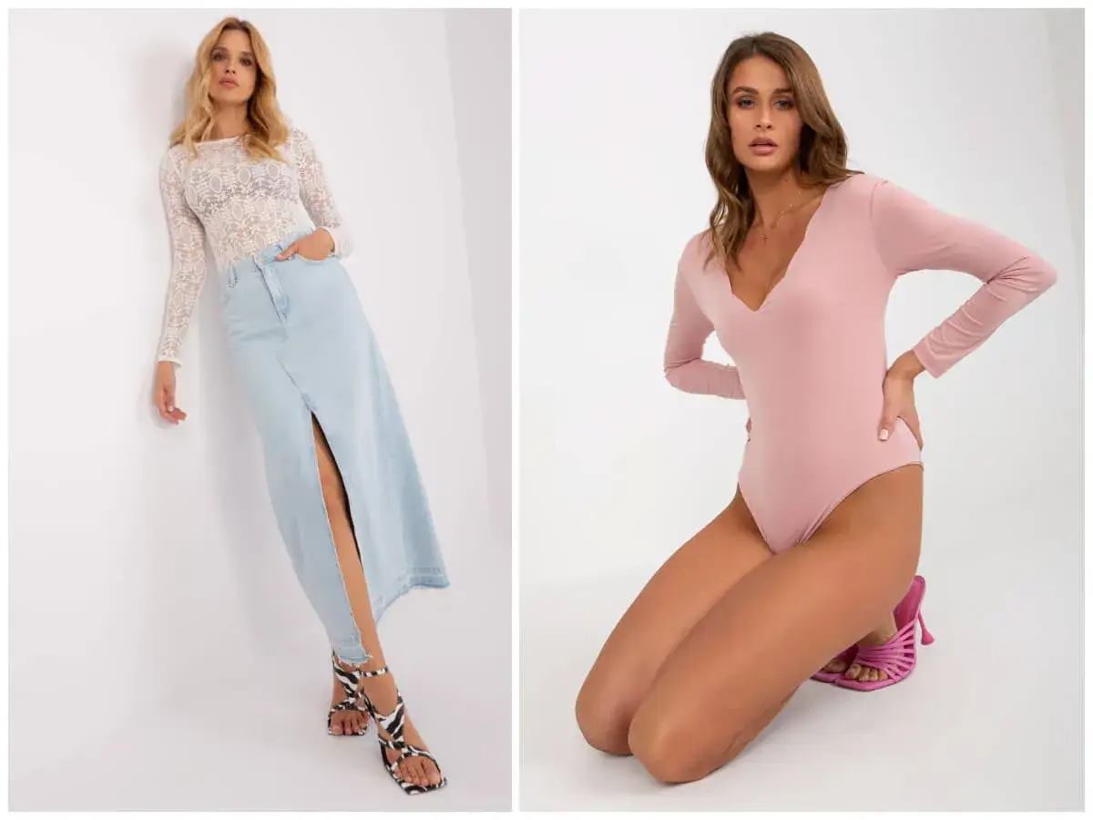 Dwie kobiety w body. Jedna w białym koronkowym body i jeansowej spódnicy, druga w różowym body. Czy pod body zakłada się majtki?