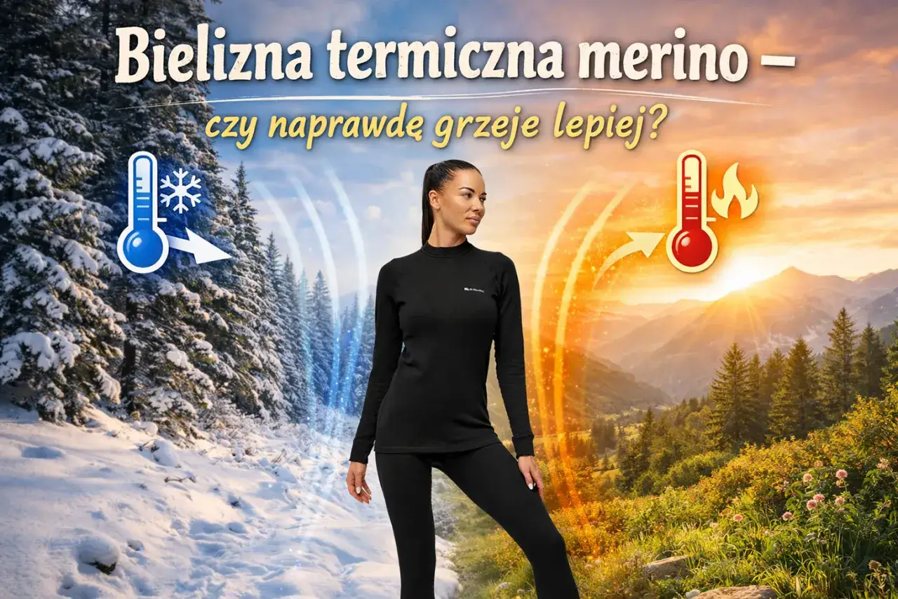 Kobieta w czarnej bieliźnie termicznej merino na tle zimowego i letniego krajobrazu. Czy termoaktywna odzież naprawdę grzeje lepiej?