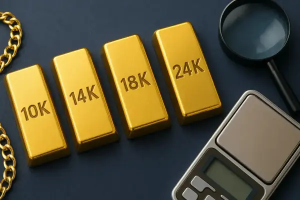 Sztabki złota 10K, 14K, 18K, 24K obok wagi i lupy. Zastanawiasz się, ile waży złoty łańcuszek?